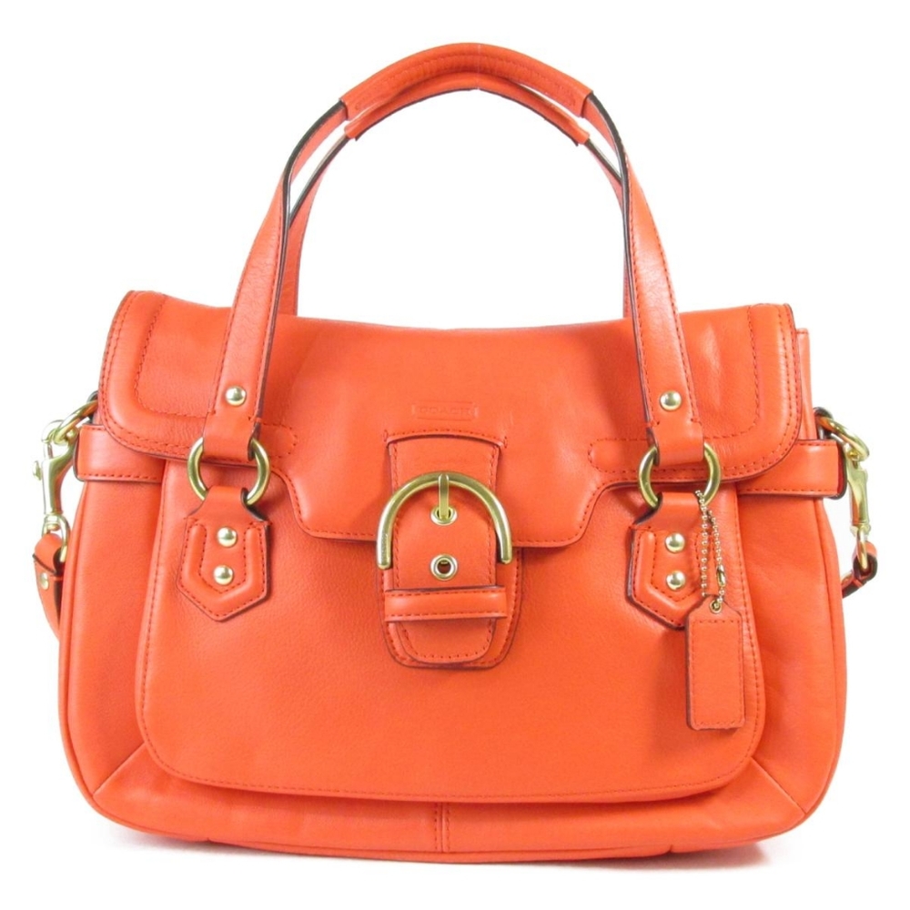 COACH Campbell Eva Orange Leather Large Flap Shoulder Bag Purse Dust Bag - Picture 1 of 15